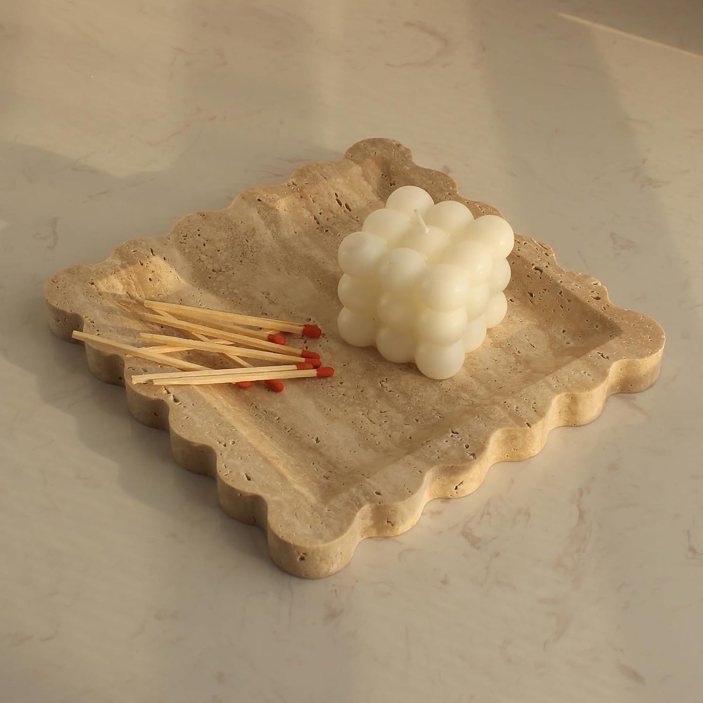 Natural Luxury Marble Tray with Scalloped Edge, Handmade Square Decorative Tray, Catch All Tray for Counter, Dresser, Nightstand and Home Décor (Beige Travertine)
