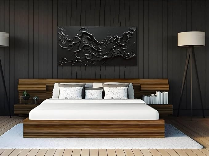zoinart 100% Hand Painted Thick Texture Black Wall Art Minimalist Oil Painting Contemporary Art 24x48 Inches Oil on Canvas Black Texturd Wall Art Home Decoration