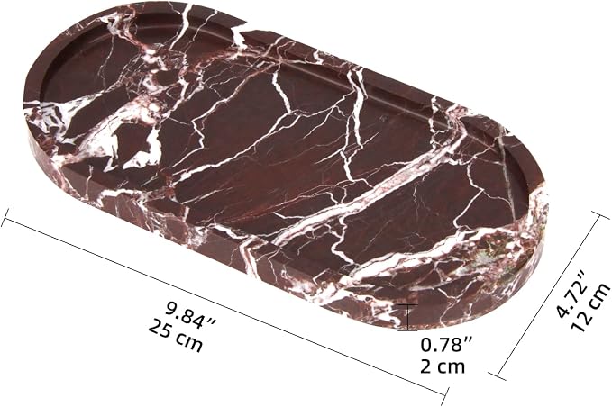 Oval Marble Bathroom Vanity Tray, Natural Luxury Marble Home Kitchen Bathroom Table Tray, Stone Decorative Countertop Tray for Coffee Perfume Jewelry (Rosso Lepanto, 10" x 5" x 0.6")