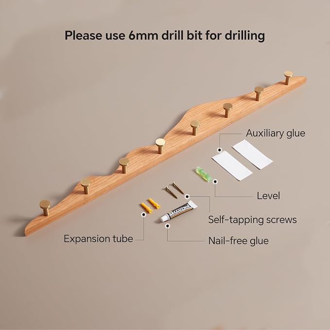 Elegant Wall Coat Rack with Hooks Cherry Wood Solid Coat Hanger Wall Mount with 8 Brass Hooks, Moisture-Resistant Wax Oil Finish for Home (Cherry, 8 Hooks)