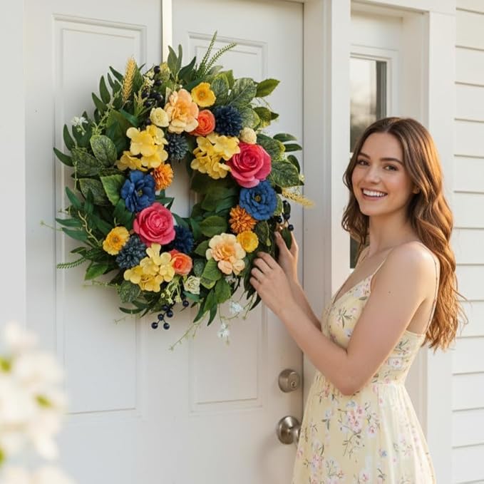 Spring Wreaths for Front Door, 22 Inch Summer Wreath with Roses & Hydrangeas, Outdoor Wreath for Spring Summer Door Decor
