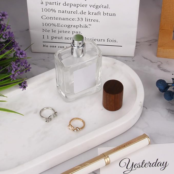 Natural Marble Tray Oval, Bathroom Vanity Tray for Countertop, Elegant Stone Decorative Organizer for Perfume, Jewelry, Home Decor (1, White, 10 x 5 x 0.6)