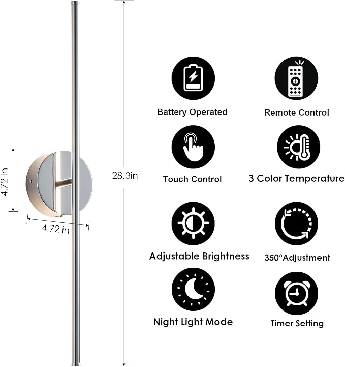 KARTOOSH Removable Battery Operated Wall Sconces with Remote Control 350°Rotate LED Wireless Wall Lights with 3 Color Temperatures & Dimming for Bedroom, Hallway, 28.3 Inch (2 Pack)