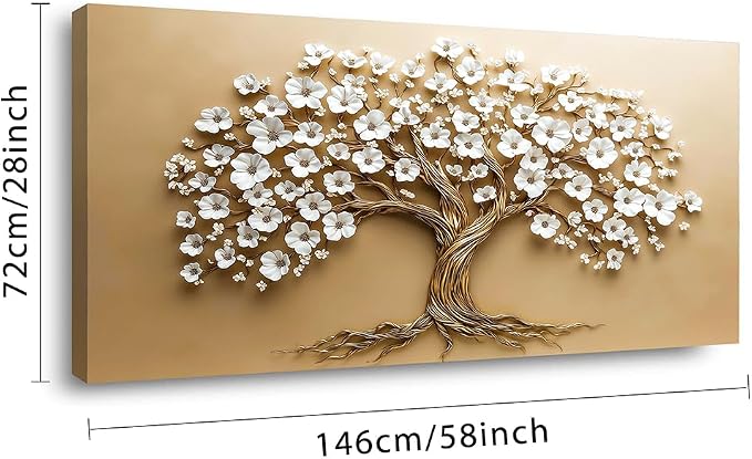 Ggaafet White FLower Tree Wall Art for Living Room Canvas Oil Painting Prints Beautiful Floral Blooming Art Deco Modern Artwork Office Bedroom Family Dining Room Decor Extra Large