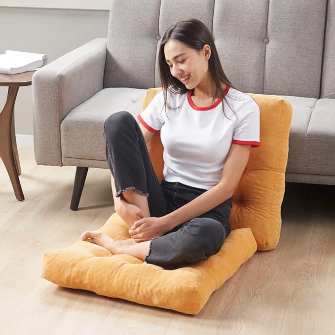 Degrees of Comfort Meditation Floor Pillow Set of 2, Square Large Pillows Seating for Adults, Tufted Corduroy Cushions for Balcony Outdoor Tatami Living Room, Orange Yellow, 22x22