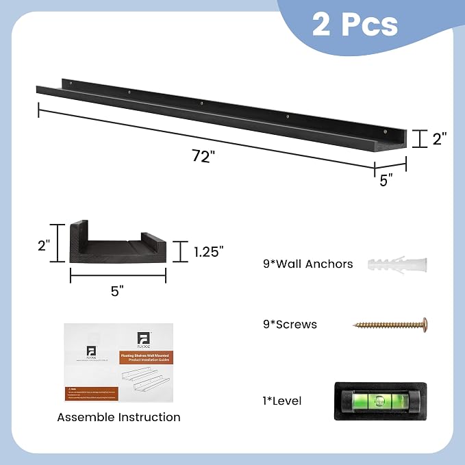 FLYJOE Picture Ledge Shelf, Floating Shelves Set of 2, Solid Pine Wood 72'' Long Large Nursery Book Shelves for Toys Storage, Kids Bookshelf for Living Room Bedroom Decor Books Photo Frames, Black