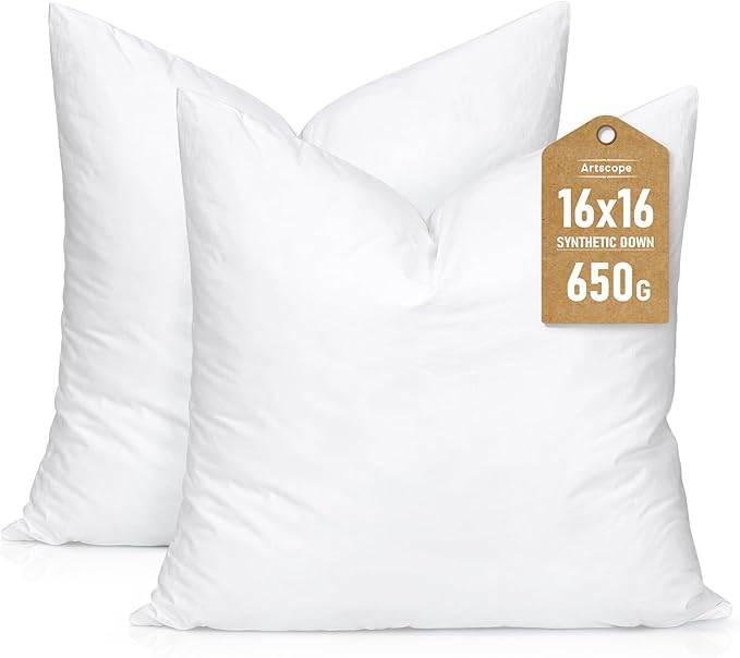 Artscope Synthetic Down Pillow Insert, 16x16 Down Alternative Throw Pillow Insert. Ultra Soft Fluffy Sleeping Pillow with 100% Cotton Cover, Decorative Pillows Set of 2-White.