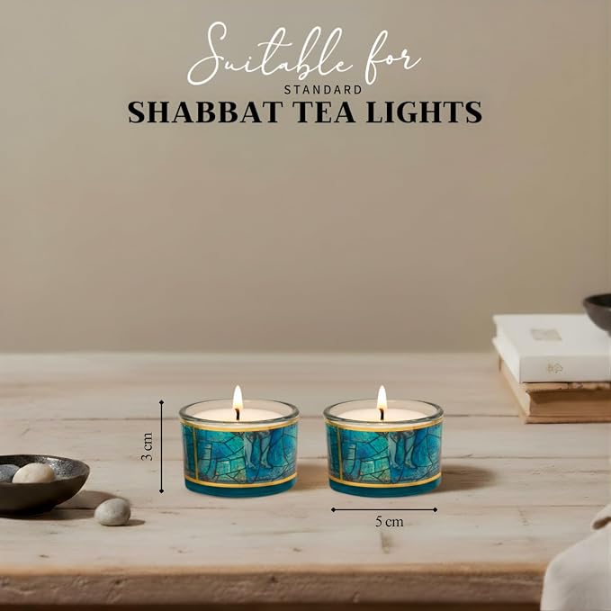 SURI Chagall Style Shabbat Candle Holders Set of 2 – Glass Shabbos Sabbath Tea Light Holders, Jewish Home Décor