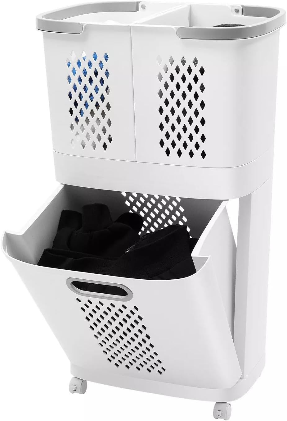 Movable Household Laundry Basket,2 Tier Laundry Hamper Basket Sorter with Wheels&Handle,Large Hand-Held Laundry Basket Clothes Storage Organizer for Bathrooms Bedrooms