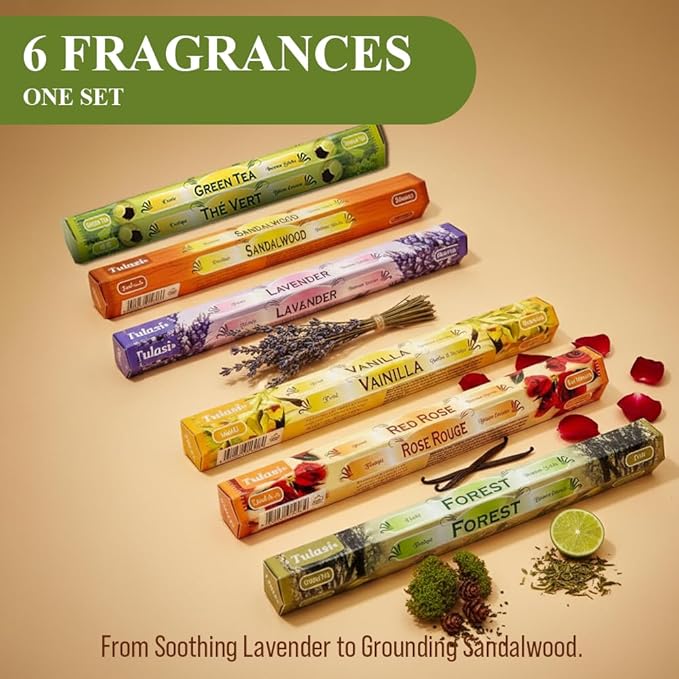 Tulasi Incense Sticks with Natural Oils Set of 6 Fragrances (120 Sticks) Hand Rolled Incense Sticks, Calming Home Aromatherapy, Meditation, Relaxing, Mixed Scents with Natural Oils