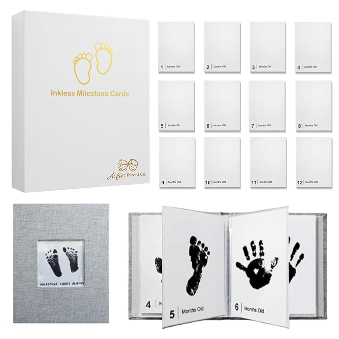 Baby Inkless Milestone Cards Hand Casting Kit Ink Print Hand and Footprint Kit Dog or Cat Pet Paw Print Kit Baby Newborn Footprint Kit Photo Album Keepsake Book Feet Stamp (White Gift Box + Album)