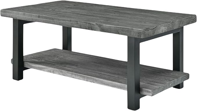 Alaterre Furniture Pomona Solid Wood Coffee Table, Slate Grey, 42” | Rectangular Center Table with Storage Shelf and Metal Legs, Rustic Industrial Farmhouse Living Room Furniture