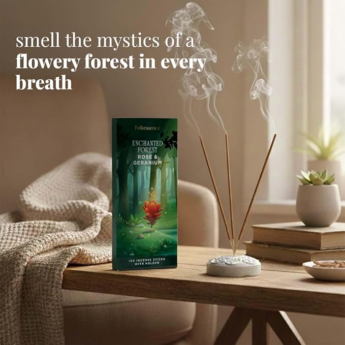 Folkulture Incense Sticks with Holder (100 Sticks)| Rose & Geranium Incents Stick for Aromatherapy, Relaxation | No Charcoal,Organic,Non Toxic, 45 Mins, Slow Burning Insence-Sticks - Forest Inspired