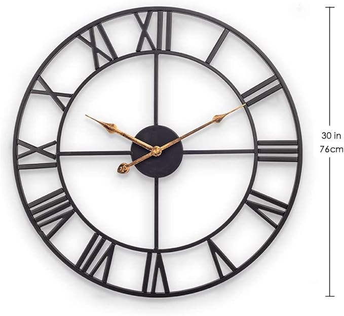 Large Industrial Wall Clock with Roman Numerals, Indoor Silent Non-Ticking Retro Clock, Vintage Metal Decorative Black Metal Art Clock Battery Operated for Home Kitchen Cafe Hotel Office Decor