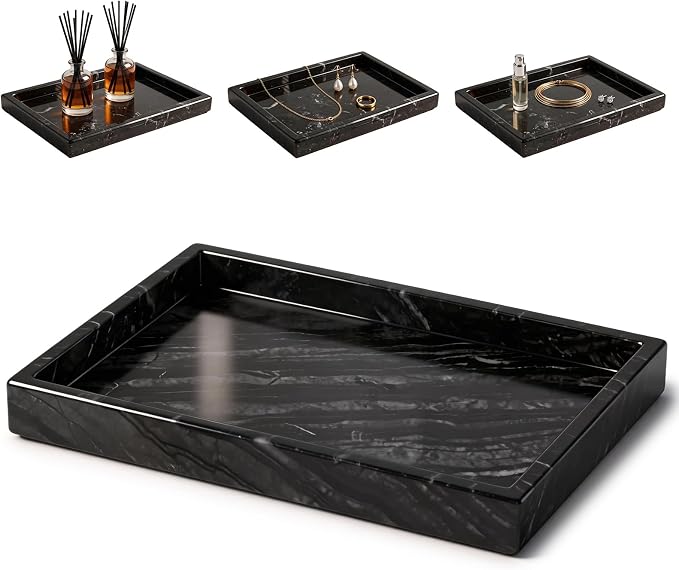 Black Marble Tray,Marble Tray,Elegant Vanity Organizer for Perfume, Jewelry, and Bathroom Essentials