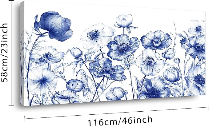 Ggaafet Navy Blue Sketch Flowers Wall Art for Living Room Canvas Oil Painting Prints Beautiful Floral Blooming Art Deco Pretty Artwork Office Bedroom Family Dining Room Decor Large