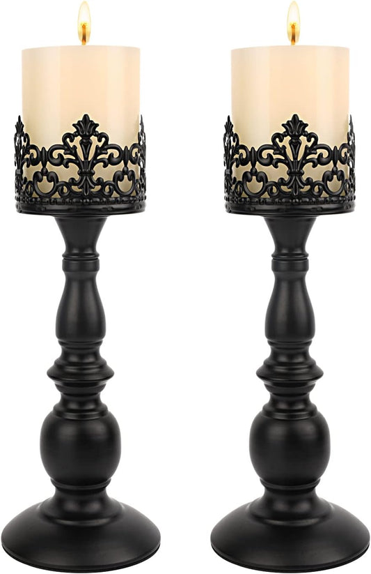 Candle Holders for Pillar Candles Gothic Matte Black Vintage Tall Candle Holders Set of 2 Decorative Large Table Centerpieces Candle Stand Decor (Black 2PCS A)