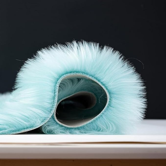 Faux Fur Sheepskin Runner Rug Blue 2x6 ft Ultra Soft Shaggy Plush Fluffy Fuzzy Area Carpet Decorative Chair Cover Floor Mat for Bedroom Sofa Living Room Bedside