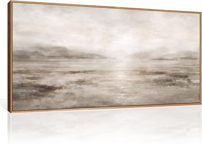 HPNIUB Abstract Neutral Brown Framed Canvas Wall Art Set,Modern Misty Lake Wall Decor, Watercolor Landscape Art Prints, Minimalist Texture Pastel Artwork for Living Room,Bedroom,Office- 20"x40"x1