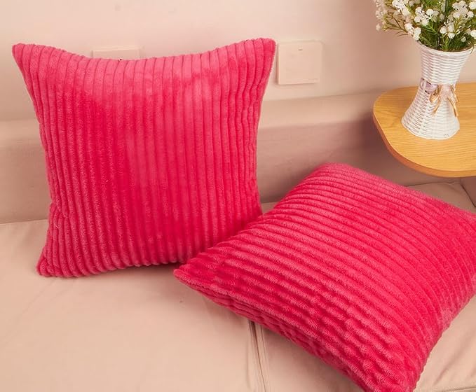 TangDepot Velvet Big Corduroy Pillow Covers 18x18 Deep Hot Pink 2-Pack | Soft wide-stripe corduroy pillow cover, hidden zipper, machine washable, easy refresh, for bedroom living room indoor outdoor