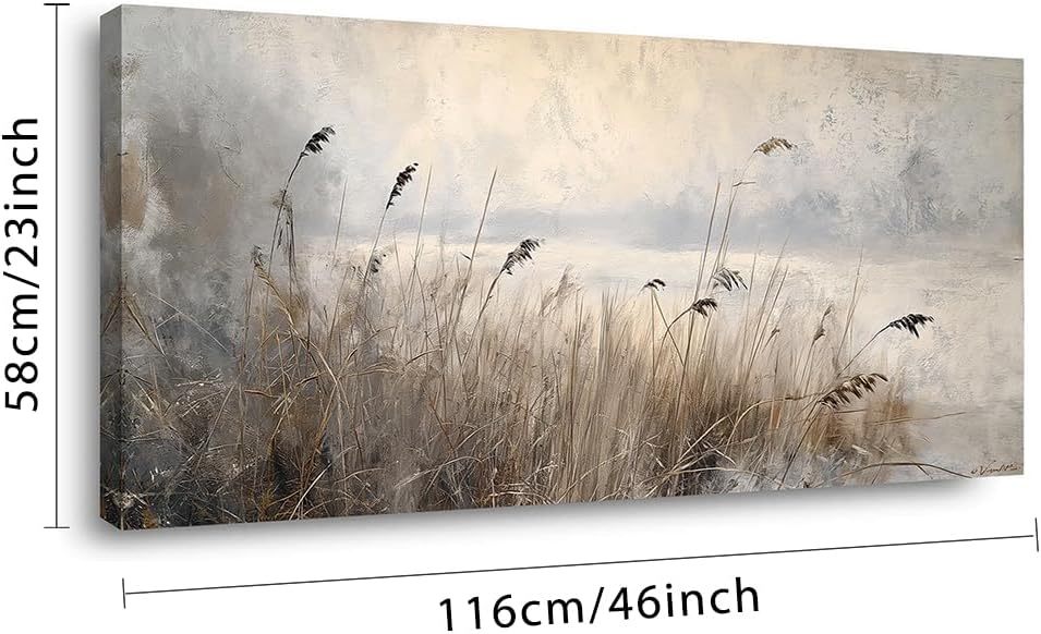 LASMOND Vintage Meadow Wall Art for Living Room Reed Grass Canvas Painting Prints Large Retro Rustic Cottagecore Countryside Landscape Farmhouse Bedroom Artwork Home Decor (46x23 Inches)
