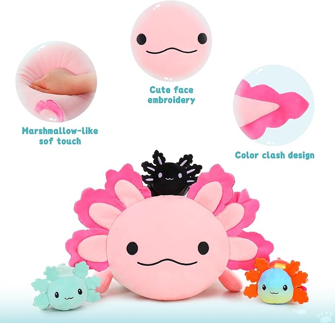 MaoGoLan Giant Axolotl Plush with 3 Babies Inside-23.5" Large Ultra Soft Stuffed Animals Throw Pillow-Squishy Plush Collection Gift for Axolotl Lover,Kids,Teens
