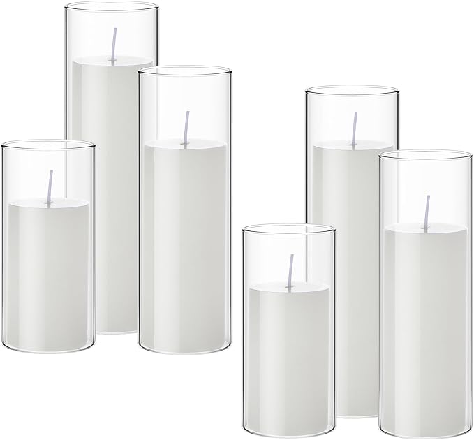 Shihanee Set of 6 Pillar Candles with Glass Cylinder Vases Clear Cylinder Hurricane Candleholders for Slim Tall Pillar Candles Wedding Table Centerpieces(3.4'' X 7", 9.8", 11.8",White)