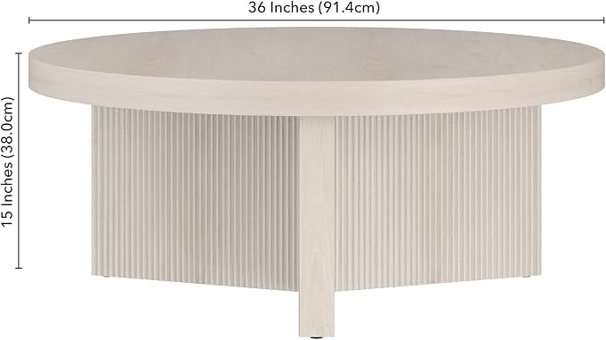 Henn&Hart 36" Fluted Round Low-Profile Coffee Table with Ribbed Pedestal Base for Living Room, Family Room, or Office, Beech White