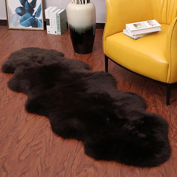HUAHOO Premium Genuine Sheepskin Rug Brown Real Australia Sheepskin Natural Luxury Fluffy Lambskin Fur Area Rug Seat Covers for Kids Bedroom Sofa Chair Cover Pets Dogs Mat Double Pelt/2' x 6' Brown