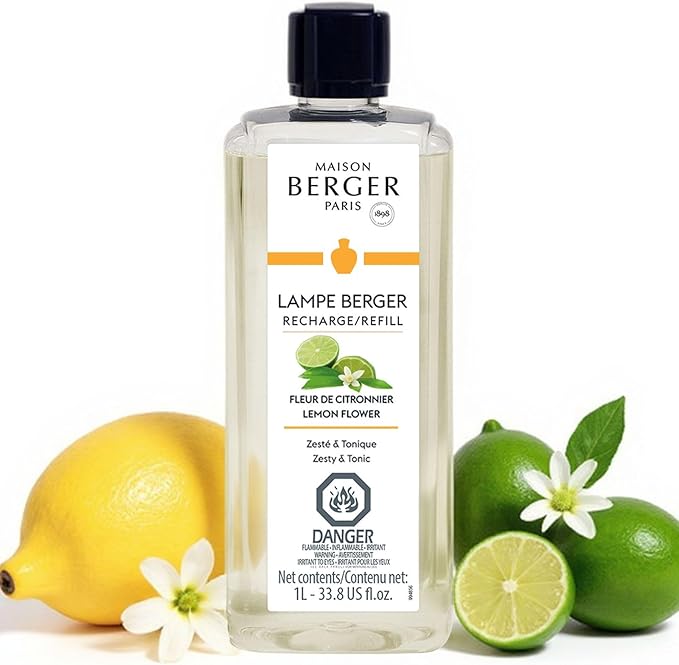 Maison Berger Lemon Flower Lampe Berger Refill, 1 Liter (33.8 fl oz), 2-in-1 Catalytic System, Neutralizes Odors and Diffuses Fragrance, Lemon, Orange Blossom, Made in France