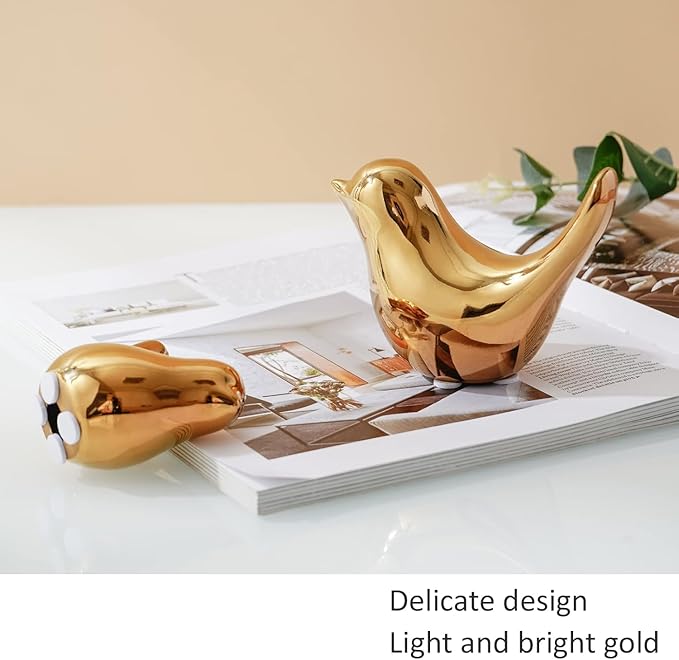 2 Pcs Ceramic Small Bird Figurines Modern Animal Statues for Home 、Room Decor and Bedroom Decor and Bookshelf Display (Gold)