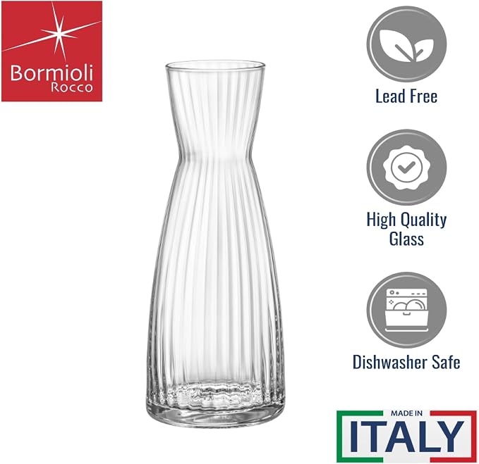 Bormioli Rocco Exclusiva Carafe, 33.75 Oz. Decorative Glass Jug - Elegant Faceted Design for Wine, Water & Spirits Serving - 1L Star Glass, Lead-Free, Italian Crafted, Breakage Resistant & Recyclable