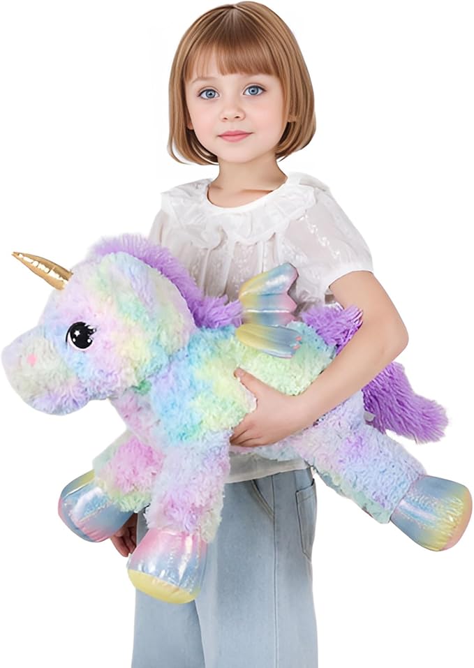 FFxiong 24 Inch Rose Rainbow Colors Unicorn Stuffed Animal Plush Toy with Wings Soft Cute Large Unicorn Plushies Animals Pillow Gift for Children Boy Girl Kids Birthday Valentine Room Decorations