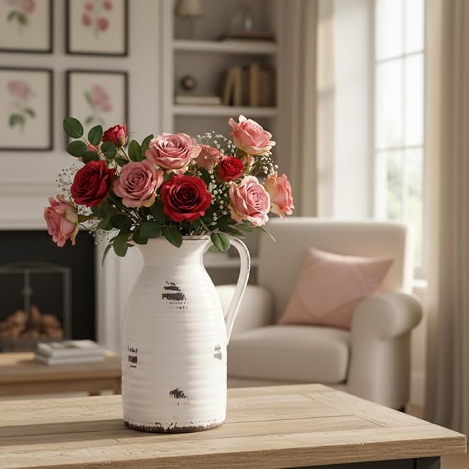 hjn Farmhouse Pitcher Vase for Flowers- Ceramic Pitcher Vase Decrative Pitchers for Your Kitchen/Home Decor/Office/Living Room/Bookshelf/Mantel/-White and Antique