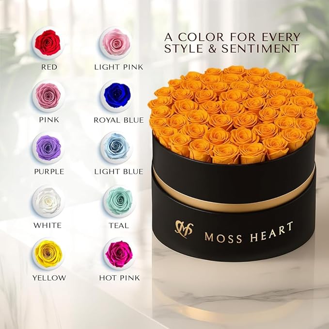 50 Petite Preserved Roses, Designer Round Box, Real Forever Roses Last 1+ Year, Premium Gift for Women, Wife, Girlfriend, Mother’s Day, Birthday, Anniversary, Valentine’s Day