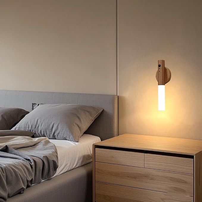 LANDGOO Wooden Motion Sensor RGB Night Lights Indoor, Magnet Body Hallway Rechargeable LED Wireless Battery Operated Wall Sconce (1, RGB Ash Wood)