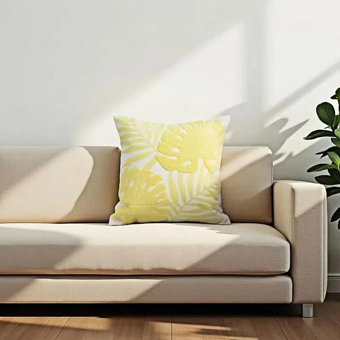 Embroidery Throw Pillow Covers 18x18 Floor Pillow Cover for Couch Bed Room Chair 100% Cotton Loop Embroidered Light Yellow Tropical Leaves Cushion Cover Square Pillow Case 45x45cm, 1 Piece