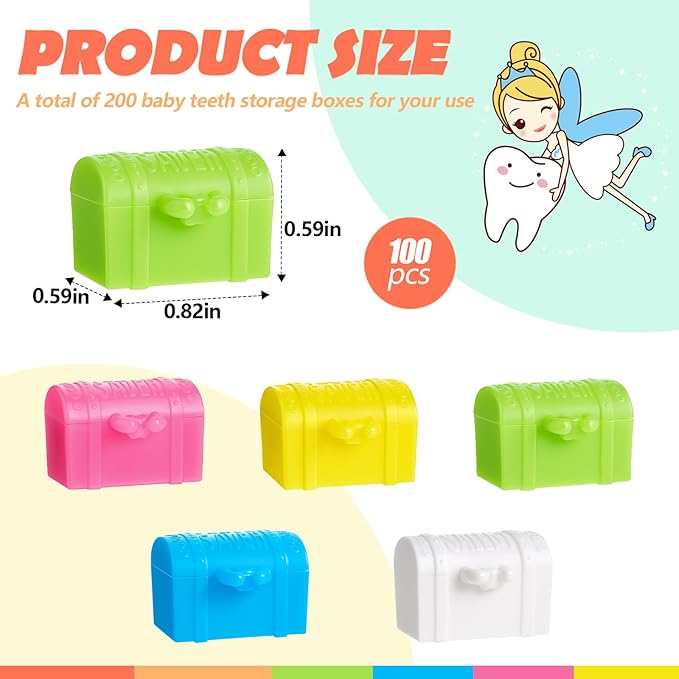 Pinkunn 100 Pcs Plastic Tooth Holder Boxes Tooth Fairy Box for Kids Colorful 0.8 x 0.6 x 0.6 Mini Treasure Chest for Boy Girl Lost Teeth Keepsake Dentist Theme Party Supplies Goodie Bag Filler
