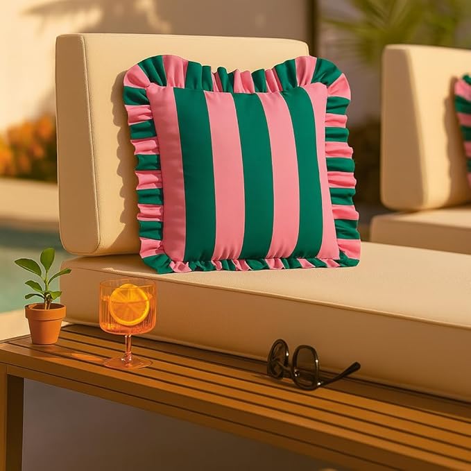 MONDAY MOOSE Decorative Throw Pillow Covers, Set of 2 Water-Resistant Striped Design with Ruffle Edge for Outdoor/Indoor Use, Pillow Inserts Not Included (22x22 inch, Pink/Dark Teal)