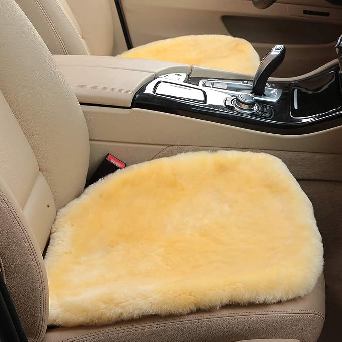OGLAND Fuzzy Genuine Sheepskin Car Seat Cover for Auto Seat Cushion Pad Interior Accessories with Soft Fluffy Wool Natural Fur (Golden Yellow, Front)