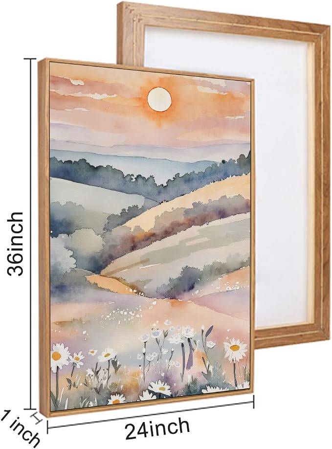 Ausril Boho Pink Sunset Framed Canvas Wall Art Set 24''X36 X3 | Colorful Flower Wall Decor Nature Daisy Art Pink Wildflower Scenery Art Print Living Room Bedroom Hallway