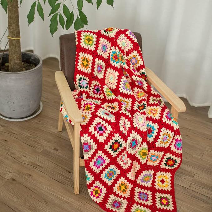 RISEON Handmade Granny Square Crochet Throw Blanket Sweater Style Mat, Crochet Quilt, Multicolor Boho Travel Accent Decor Throw for Sofa Comforter Couch Bed Recliner Living Room Bedroom (Red)