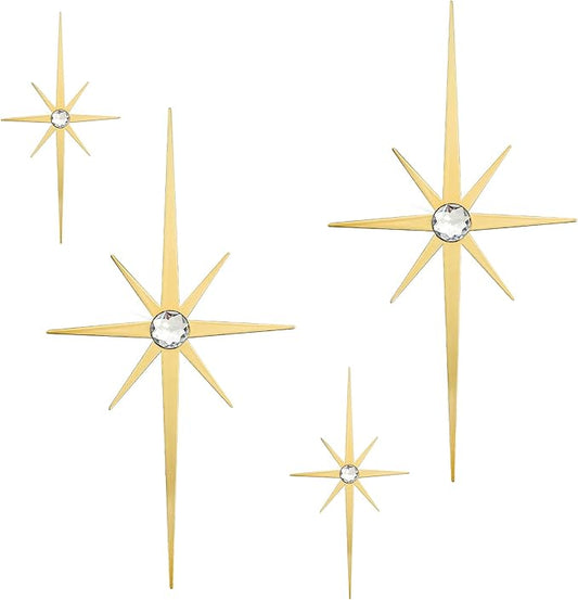 4 Pack Metal Star Wall Art 8 Pointed Starburst Wall Decor Set with 2 Large & 2 Small Pieces Mid Century Celestial Metal Wall Sculpture for Bedroom Living Room Office Gallery Wall