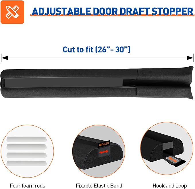 MAGZO Door Draft Stopper, 30 Inch Adjustable Under Door Gap Filler, Fits 26'' - 30'' Bottom Widths, Seals Gaps up to 1.7", Soundproof Sweep Blocks Air, Noise, Light, Dust- Black