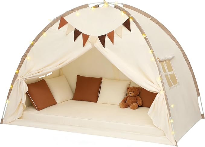 Full Bed Tent Canopy, Indoor Blackout Privacy Toddler Bed Tent for Kids with Light, Portable Sleeping Floor Kids Playhouse (Cream, Full Size)