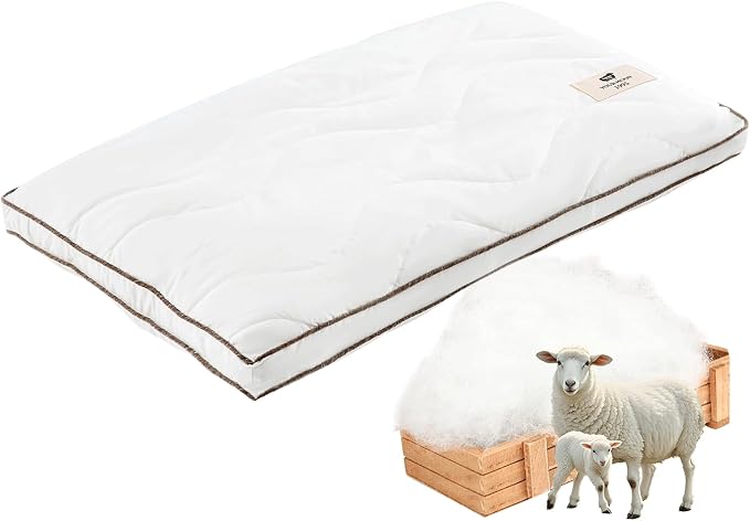 YOUR MOON Natural Wool Pillow Queen Size, Flat & Thin Wool Pillow for Sleeping, Low-Loft Bed Pillows for Back and Stomach Sleepers, Breathable Cotton Cover (White)