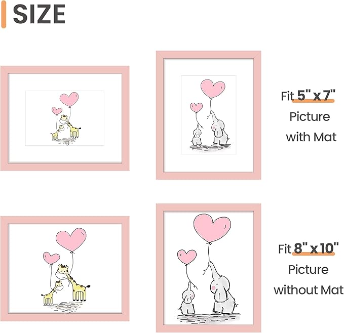 upsimples 8x10 Picture Frame, Display Pictures 5x7 with Mat or 8 x 10 Without, Wall Hanging Photo Frames, Pink, 1 Pack