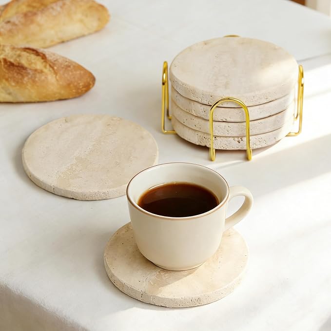 Natural Travertine Marble Coasters Set of 6-4" Round Stone Drink Coasters, Non-Slip Cork Backing, Festival Gifts, Wedding, Protect Tables from Stains & Scratches.