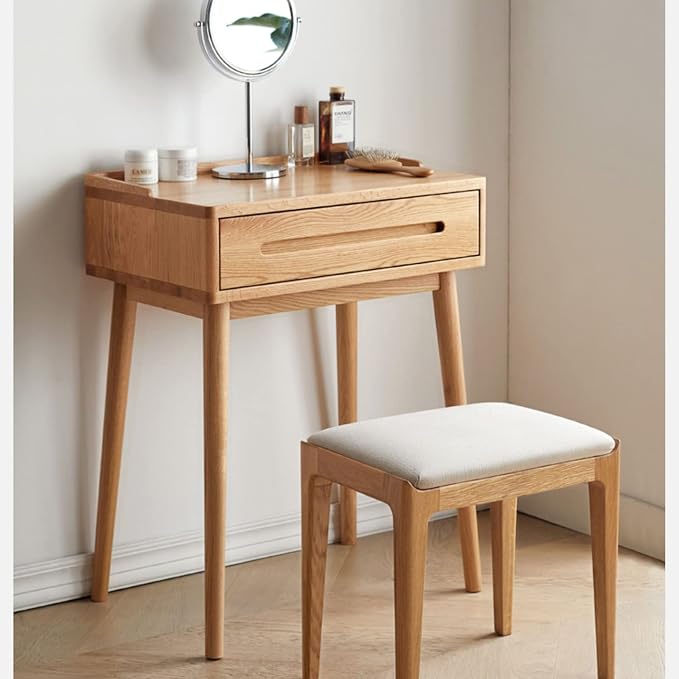 Solid Wood Desk with Drawer, Vanity Table, Modern Nightstand with Wooden Legs, Oak Side Table for Small Space for Bedroom, Dorm, 30.7" H, Natural, Desk