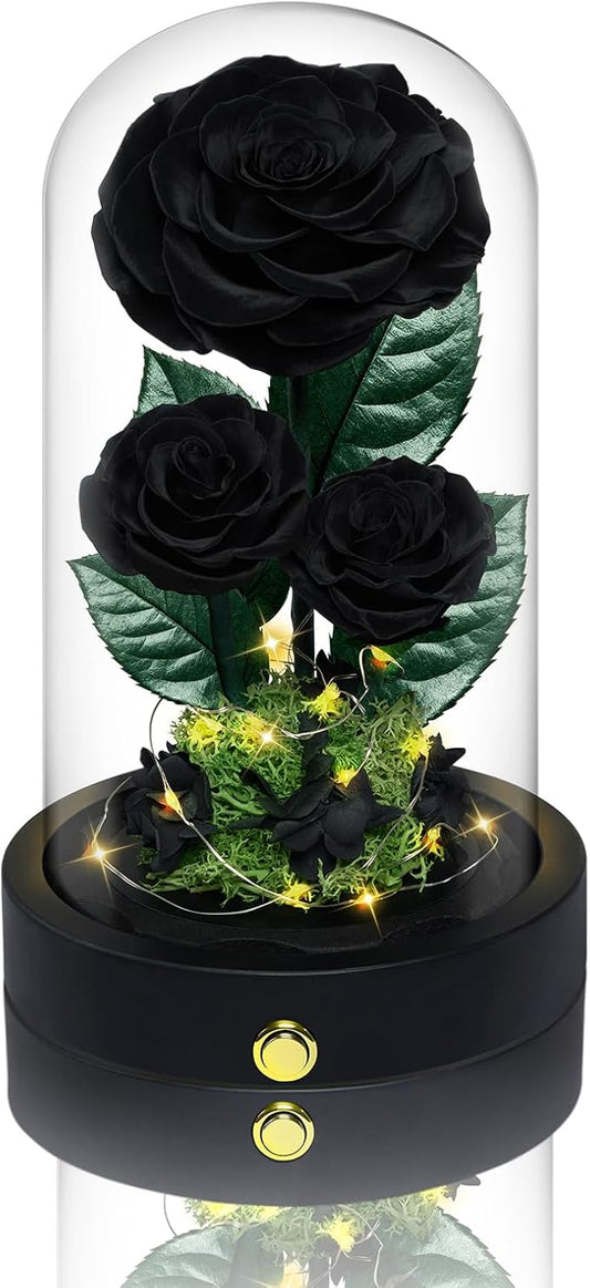 3 Preserved Flowers Roses in Glass Dome for Beauty and The Beast Decor Real Rosas Eternas for Women Mom Birthday,Forever Black Roses for Delivery, Christmas for Wife Girlfriend Her